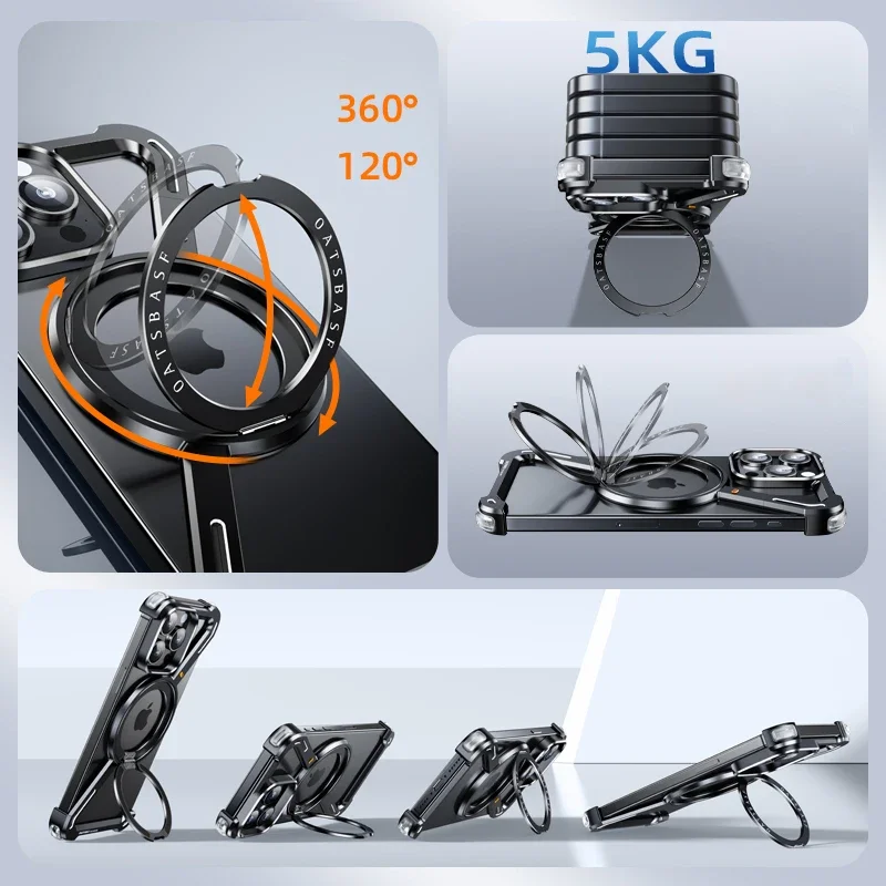 Luxury Magnetic Z Type 360° Bracket Titanium Alloy Phone Case For iPhone 15 14 13 Pro Max Plus Rimless Shockproof Covers Funda
