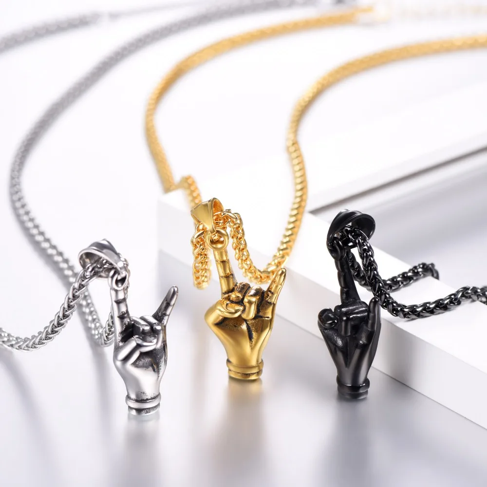 U7 Stainless Steel Rock and Roll Hand Gesture Necklace Black 18k