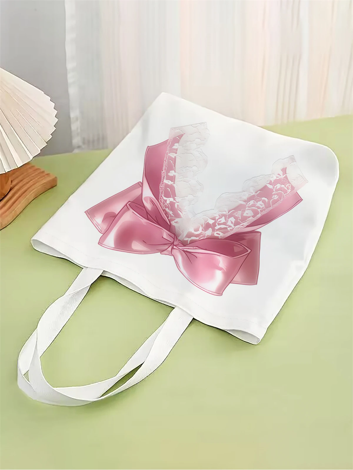 1pc,pink bow handbag, reusable fashionable handbag, multifunctional handbag, printed canvas shopping bag