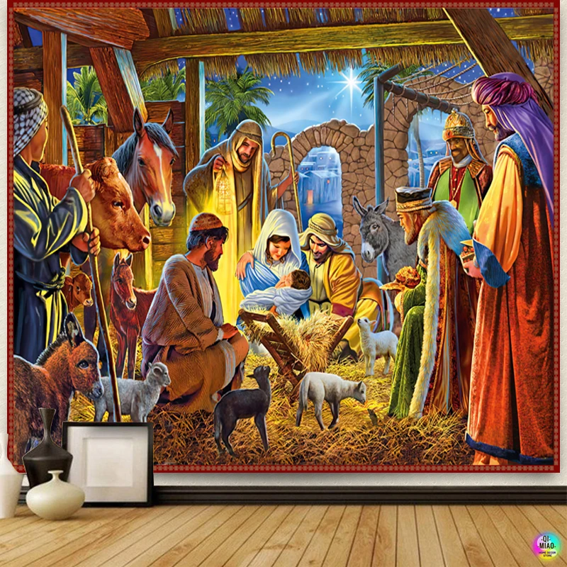 Krippe Wandteppich Jesus Geburt Krippe Scheune Wandbehang Engel Ostern Weihnachten Wanddekoration Christus Wandteppiche Raumdekoration – Detail 5