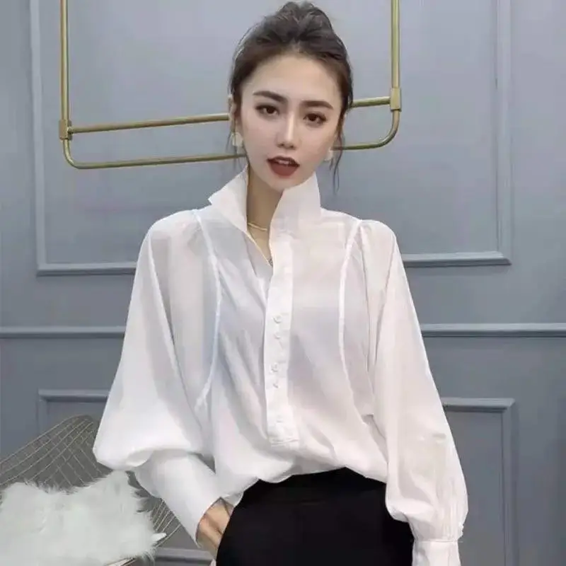 long-sleeved shirt women's 2022 early autumn new loose and thin collar lantern sleeve top retro  trend  Chiffon  Solid