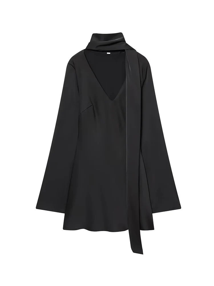 2026 Spring Women's New Flare Sleeve Short Dresses Sexy Elegant Scarf Neck Solid Color Fashion Style V-neck Trend Mini Dress