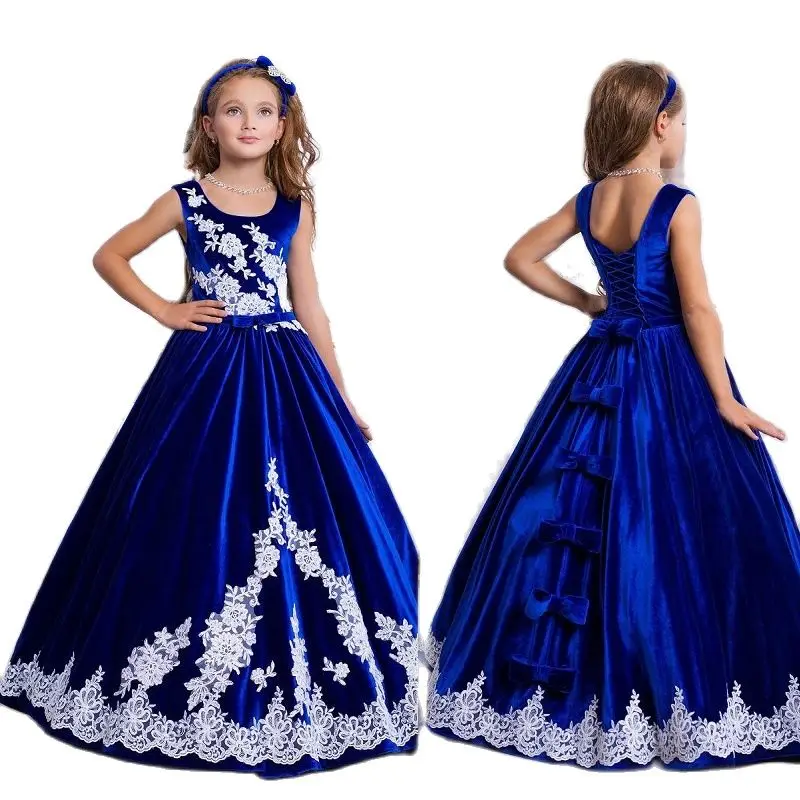 

Velvet Flower Girl Dresses 2020 Lace Appliques Royal Blue Formal Event Dress Lace Up Back Beautiful Party Girl Gowns