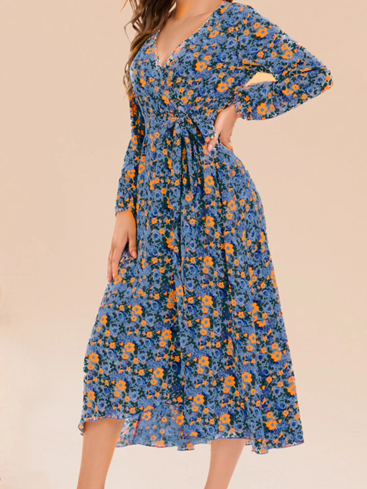 

Женское винтажное платье миди с цветочным принтом, длинным рукавом и V-образным вырезом