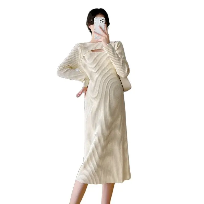 

Pregnant Women's Autumn Dress Sweater Long Sleeve Slim Fit Black Knitted Pullovers Hollow Out Collar Maternity Knee-length Dress
