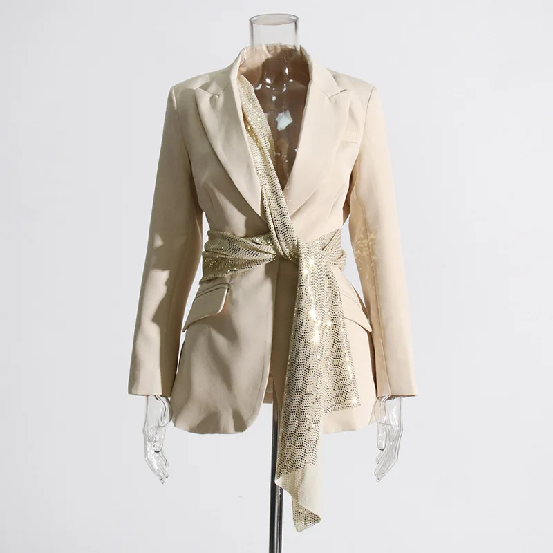 

SuperAen European and American High-end Style Autumn 2023 New Design Patchwork Lace Up Fashion Blazer Coat