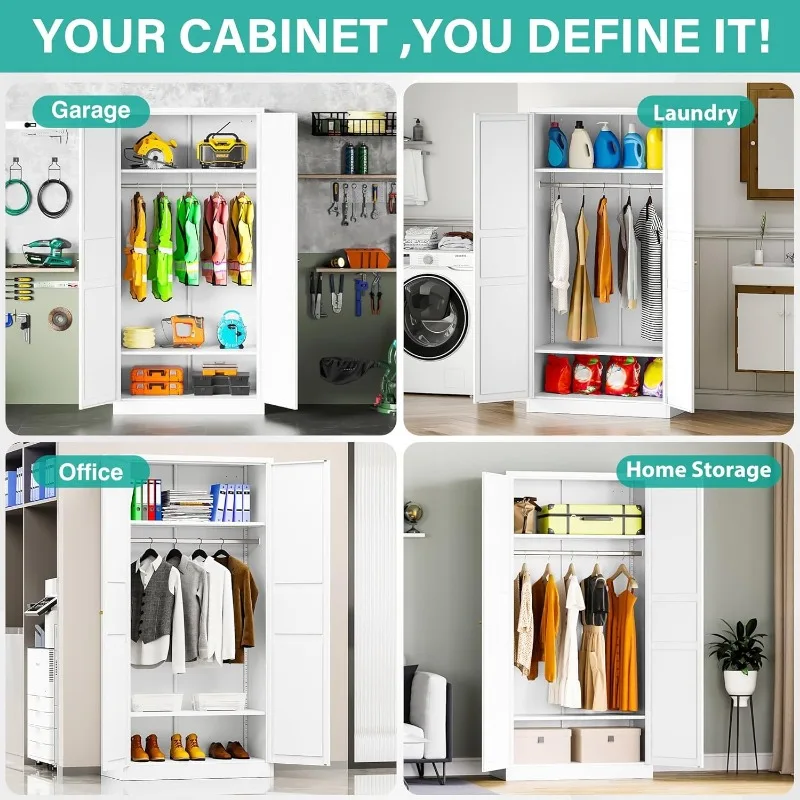 Metal Wardrobe Cabinet with Hanging Rod, Metal Clothing Storage Cabinet with Adjustable Shelves and Doors, 72 Inch Wardrobe 5