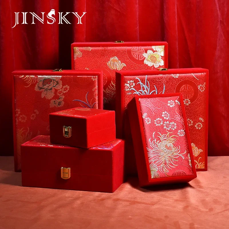 Gold jewelry box, red velvet dragon and phoenix bracelet, four-piece suit box, wedding dowry gift box, three gold boxes