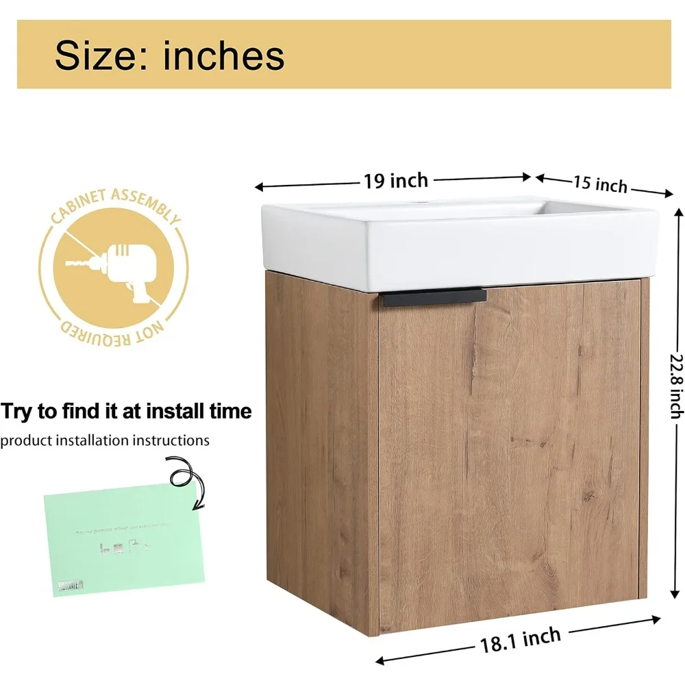 18" Floating Bathroom Vanity with Sink, 18 Inch Single Sink Wall Mounted Bathroom Vanity,1 Door and White Ceramic Basin Sink Top 2