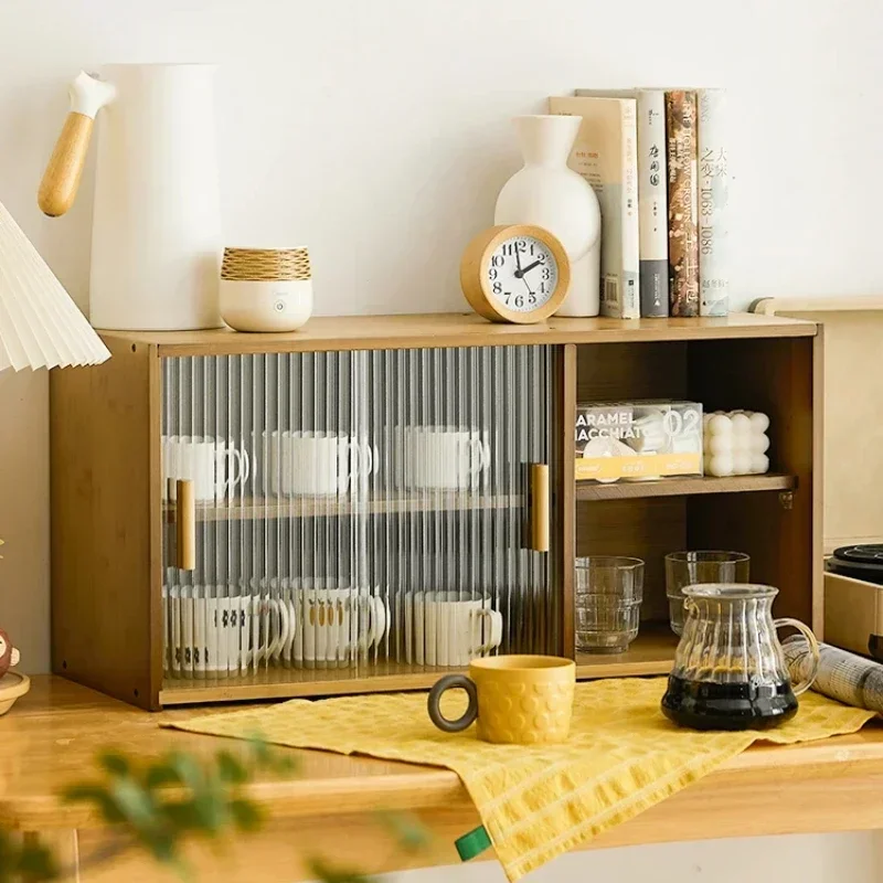 Living Room Bamboo Tea Cabinet Multi-functional Storage Changhong Glass Shelves Adjustable Kitchen Organizer Home Storage Unit 3