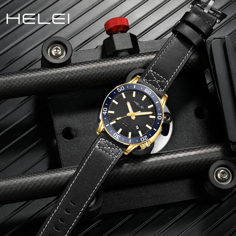 HELEI new exquisite dial men's quartz watches leather casual fashion wristwatch waterproof men's watch luminous gift for men