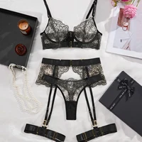 Nouveau ensemble érotique transparent brodé femmes Lingeries Sexy cils dentelle corps façonnage Lingerie quatre pièces ensemble Sexy chaud 6