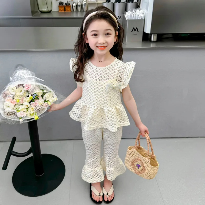 

Summer Baby Girls Clothing Sets Children Cutout Fly Sleeve Vest Flared Pants Kids Beach Vacation Princess Clothes Inafnt Outfits