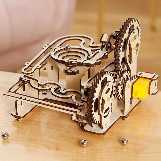 Ury 3D Wooden Puzzles Electric Catapult Track Device Marble Run Set Mechanical Model Science Maze 5 Balls Assembly Gift for Kids 5