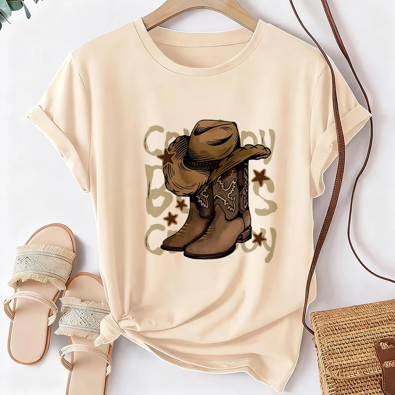 Western-Style Stiefel und Cowboyhut Buchstaben-Print T-Shirt 90er Jahre Lässiges Kurzarm-T-Shirt Grafik-T-Shirt Damen-Oberteile Kleidung