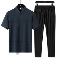 Simplicity Summer Ice Silk Men's POLO Collar Plaid Button Short Sleeve Tops Elastic Waist Drawstring Pocket Pants Motion Sets 2