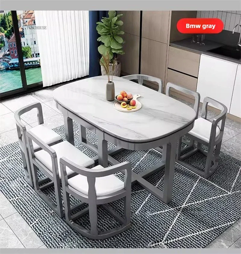 Restaurant Modern Space-saving 6-person Dining Table Home Solid Wood Dining Table and Chairs Minimalist Marble Pattern Tables e