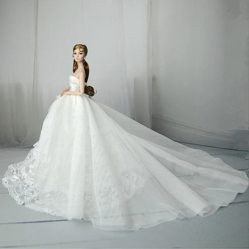 White Lace Handmade Wedding Dress Barbie Doll Outfits Princess Evening Party Ball Long Gown Skirt Bridal Dress Accessories doll clothes barbie doll clothes