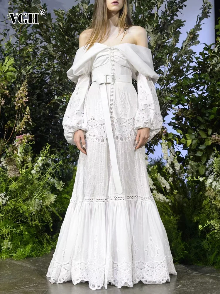 

VGH Solid Minimalist Dresses For Women Square Collar Lantern Sleeve High Waist Off Shoulder Temperament Dress Female Fashion New