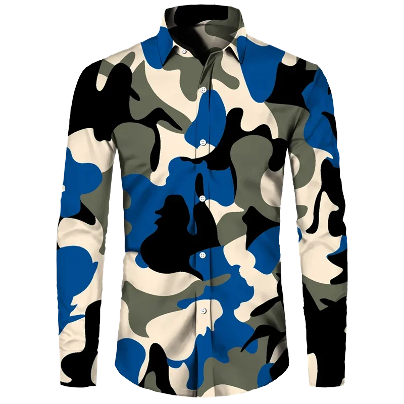 thumbnail image 1 of Camisa de primavera y otoño más nueva para hombre, camiseta de manga larga con estampado 3D de camuflaje, camisa informal con cuello vuelto y botones, camiseta para hombre y mujer, 1 of 5
