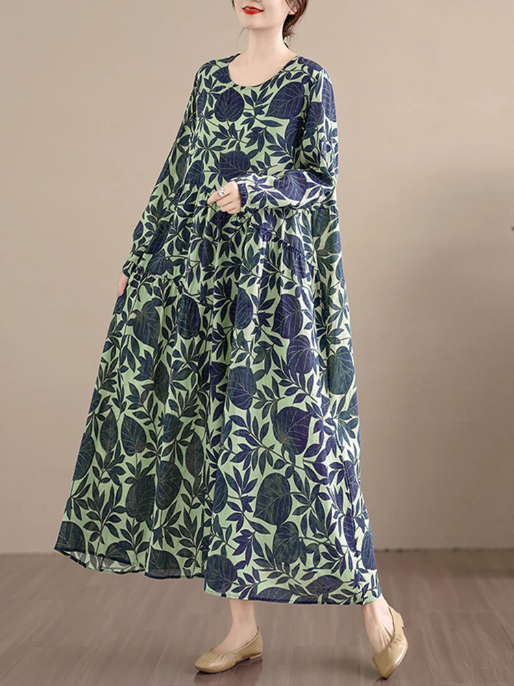 Cotton Long Sleeve Print Vintage Dresses Women Casual Loose Long Dress Office Lady Vestidos Elegant Clothing Spring Autumn 2025