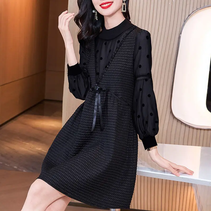 

2023 Women Autumn Winter New Stitching A-line Dresses Female Loose Polka-dot Dress Ladies Long-sleeved Casual Vestidos Q567