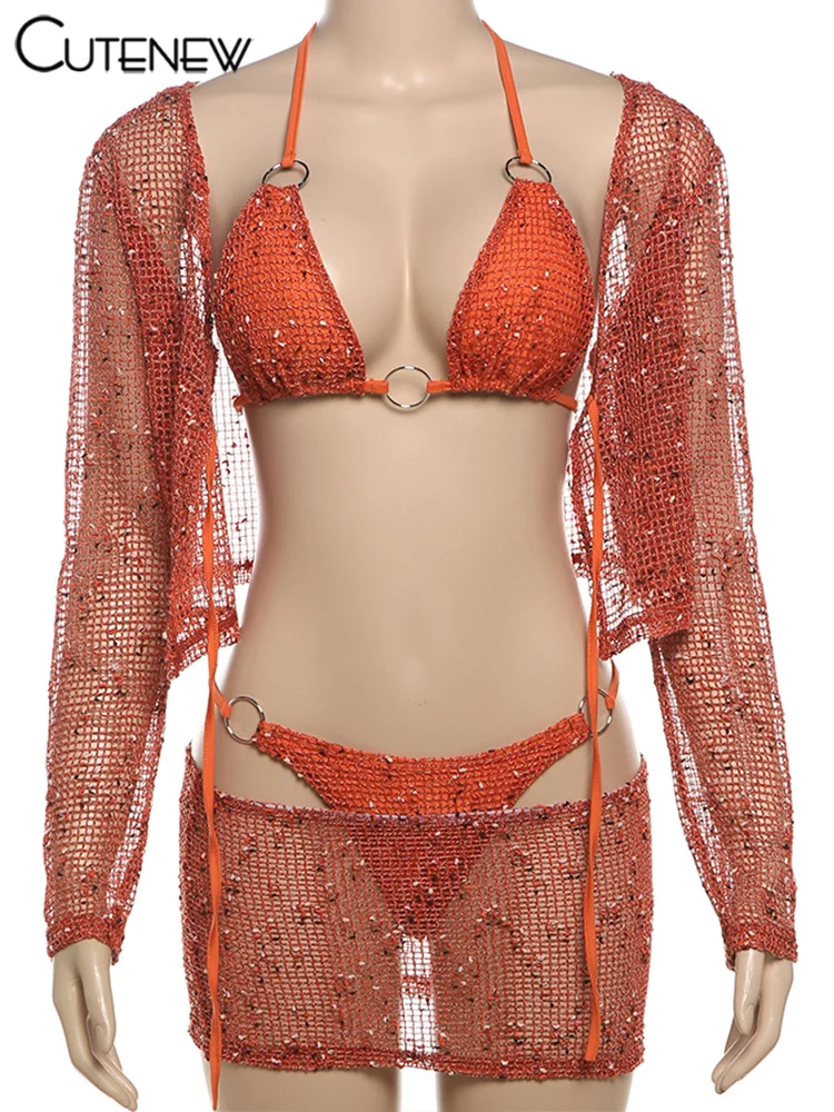 Sequins Shiny 4 Piece Set Women Sexy Halter Bikini+Long Sleeve Crop Tops+Underpants And Mini Skirts Female Midnight Wear
