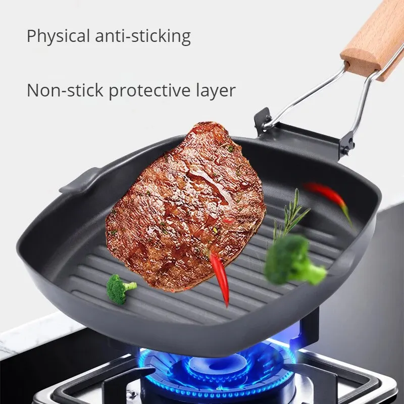 Foldable Portable Frying Pan Picnic Grill Pan Anti-scald Wooden Handle Outdoor Grill Pan Double Mouth Steak Pan(No Lid)