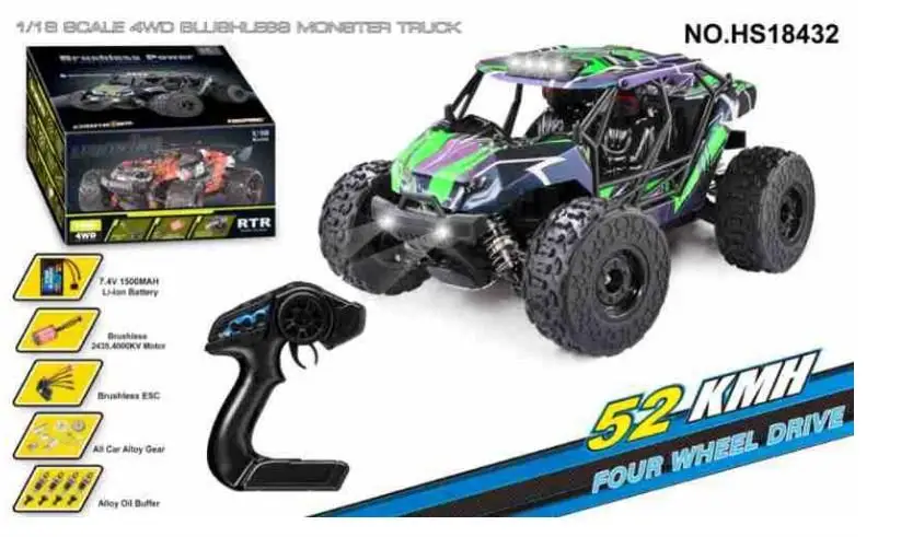 

HS 18431 18432 Remote Control Car Brushless 1:18 Scale 4WD 52km/h RC Cars With LED Light Off-Road Truck Toys Gifts For Boys