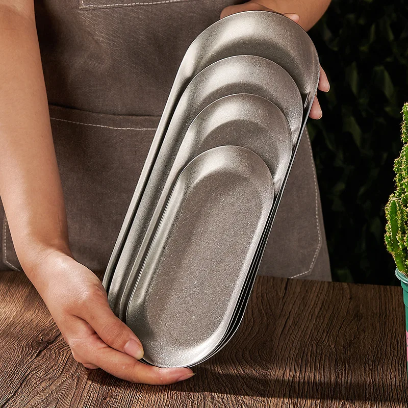 Snow Sand 304 Stainless Steel Storage Trays Snack Plates Retro Steak Barbecue Tableware Plate Cutlery Holder Decorative Dish 3