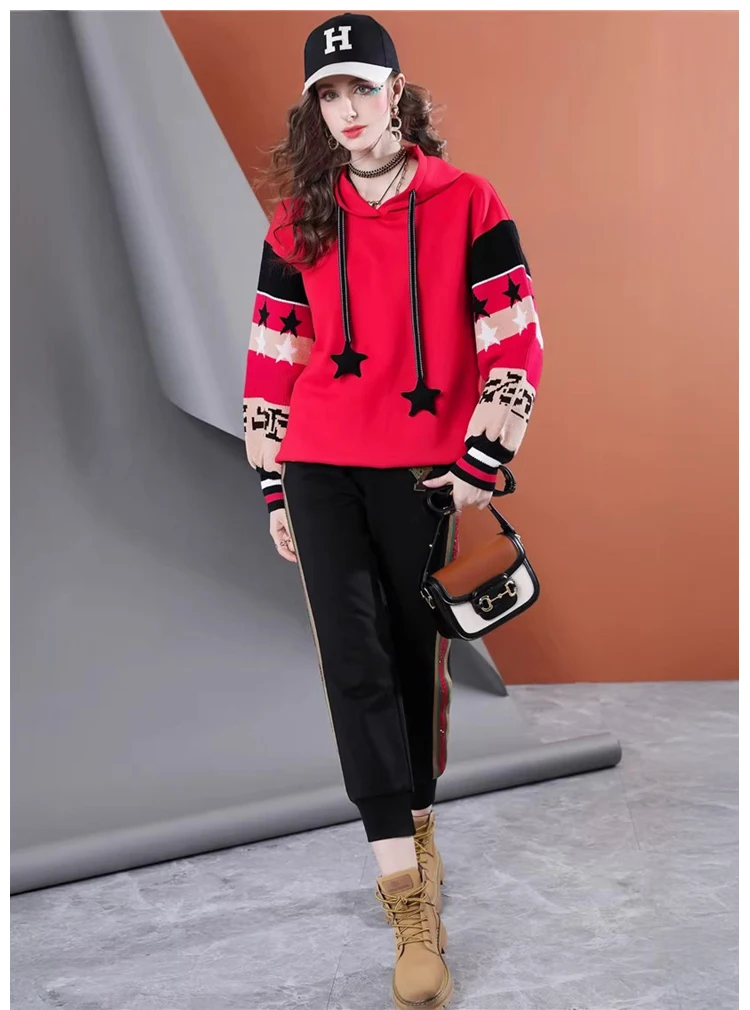 سترة نسائية بغطاء للرأس على شكل نجمة - سويت شيرت كبير الحجم مع رباط |   بلوفر كاجوال