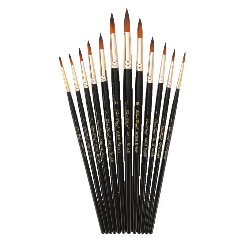 

12 Two-color Nylon Wool Watercolor Brushes, Black Rod Round Peak Oil Brush New Gouache