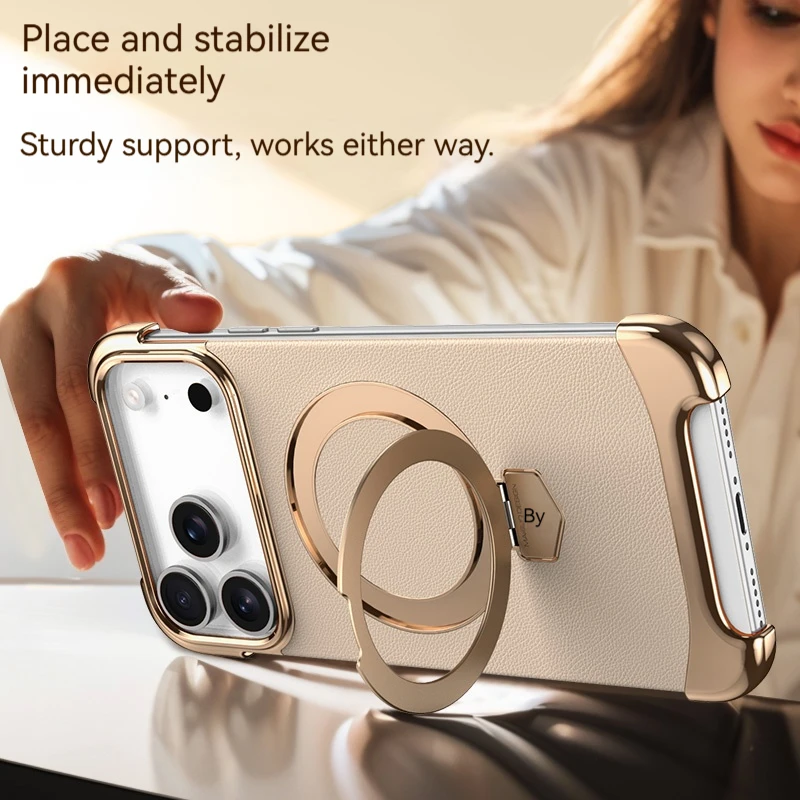 Luxury Leather Frameless Magnetic Bracket Phone Case with Magsafe Wireless Charging