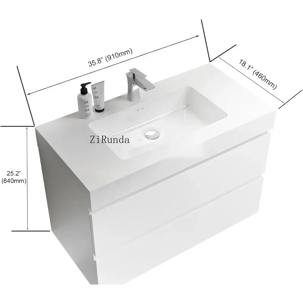 Floating bathroom vanity with washbasin, bathroom cabinet with upper drawers and soft closure, 36."