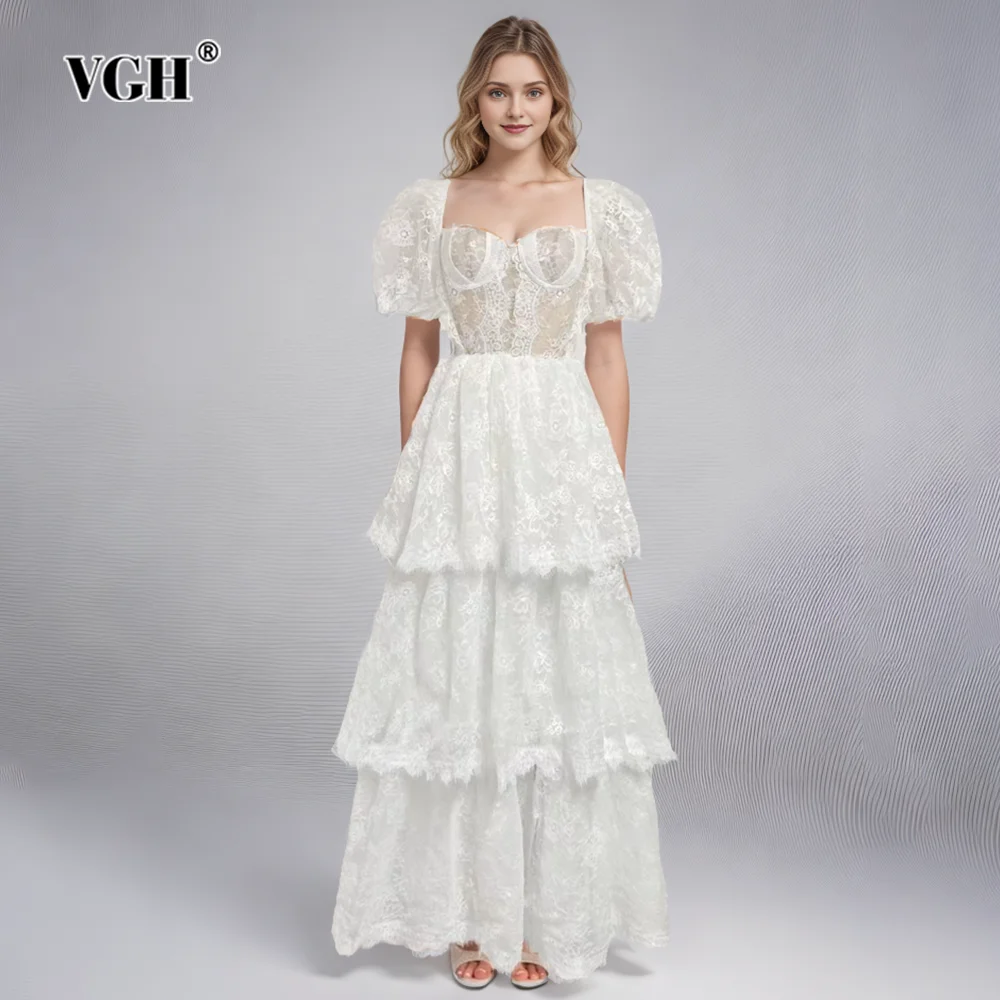 

VGH Elegant Patchwork Embroidery Lace Dresses For Women Square Collar Puff Sleeve Backless High Waist Dress Female Fashion New