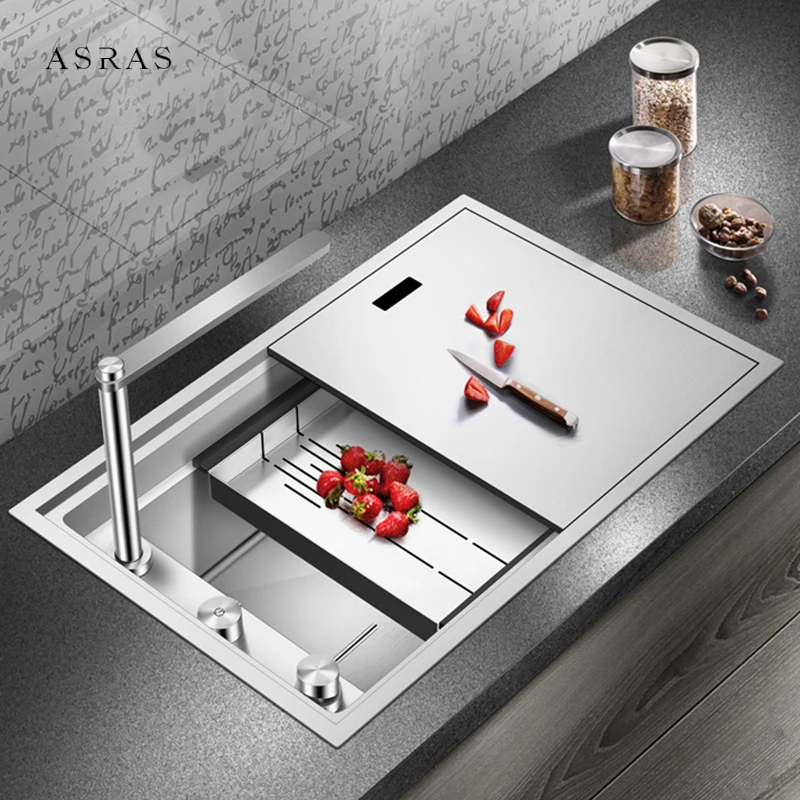 ASRAS Island ซ่อนคู่อ่างล้างจานเดี่ยวขนาดใหญ่ขนาด 304 สแตนเลส 4 มม.ความหนา Handmade Brushed อ่างล้างจาน 1