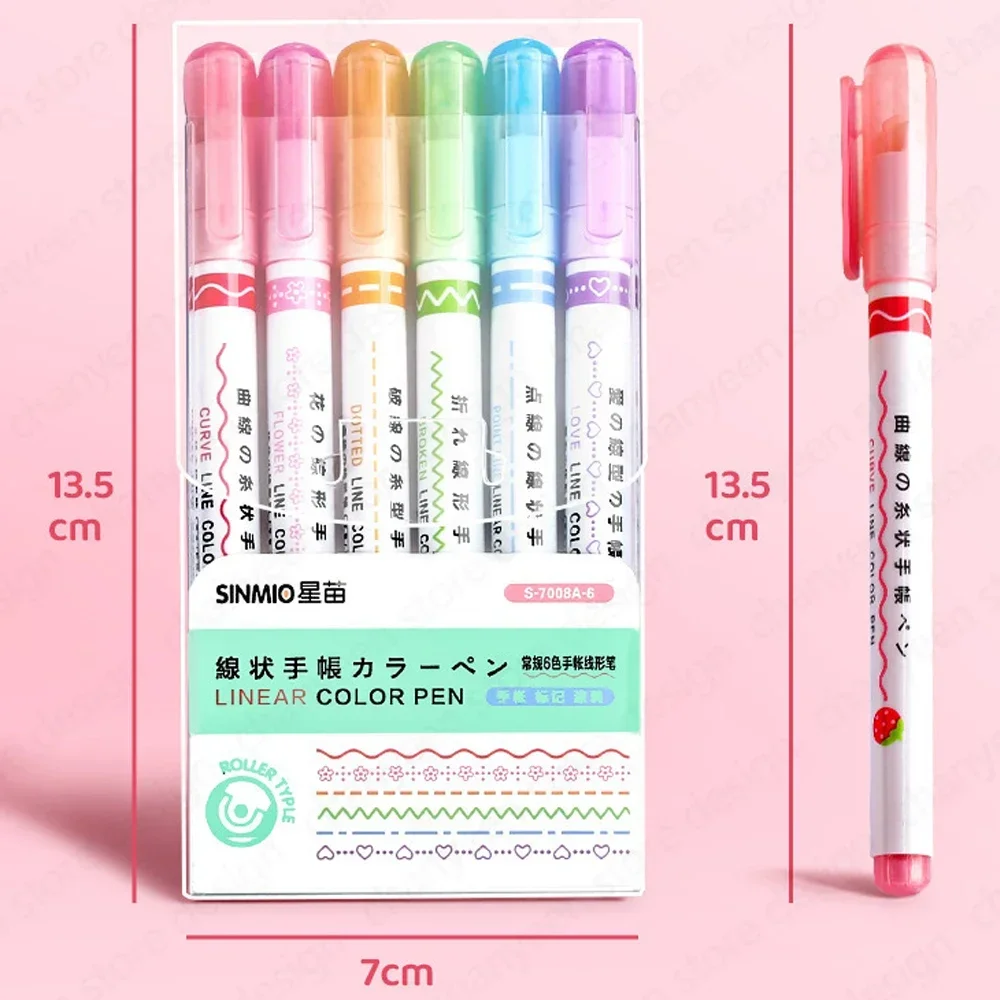Kawaii Flower Line Shape Highlighter Pen Roller Tip Curve Liner Marker 6Pcs/Set