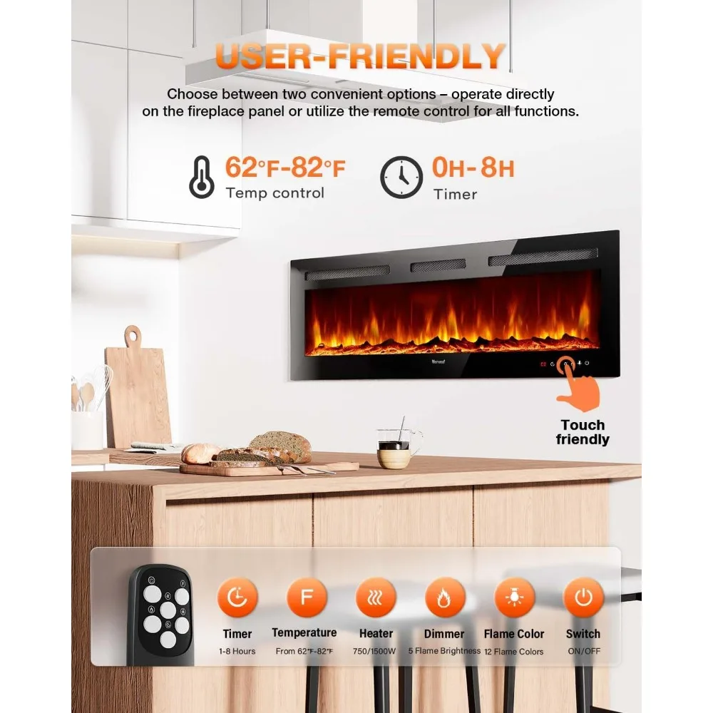 Electric Fireplace 60Inch,Realistic Flame Electric Fireplace Heater,Log Set/Crystal Flames 750-1500W with Timer Inserts/Mounted 3