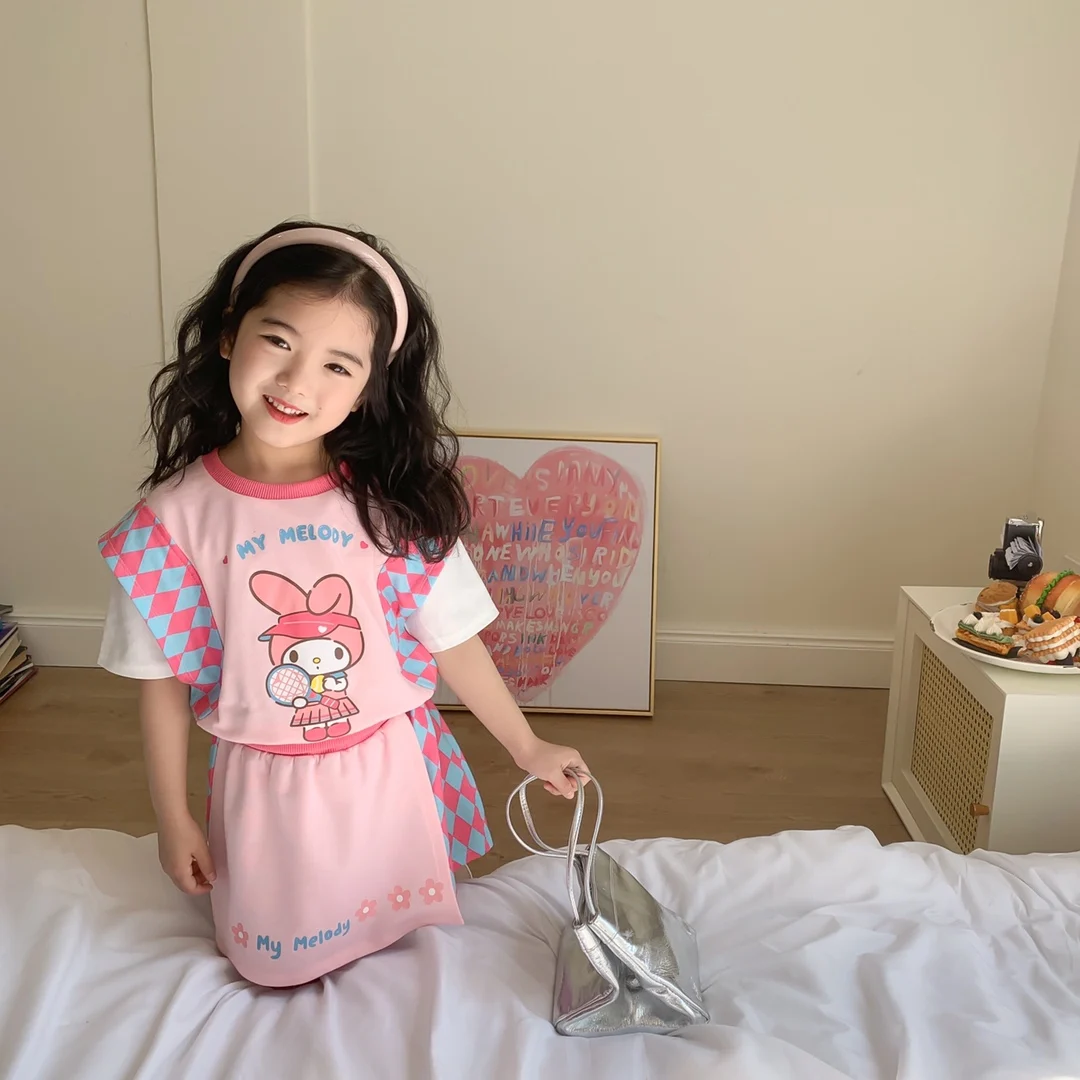 Cute Sanrio Short Sleeved Dress Set Anime Cartoon My Melody Printed T-Shirt Top Short Skirt Kid Clothes Children Birthday Gift