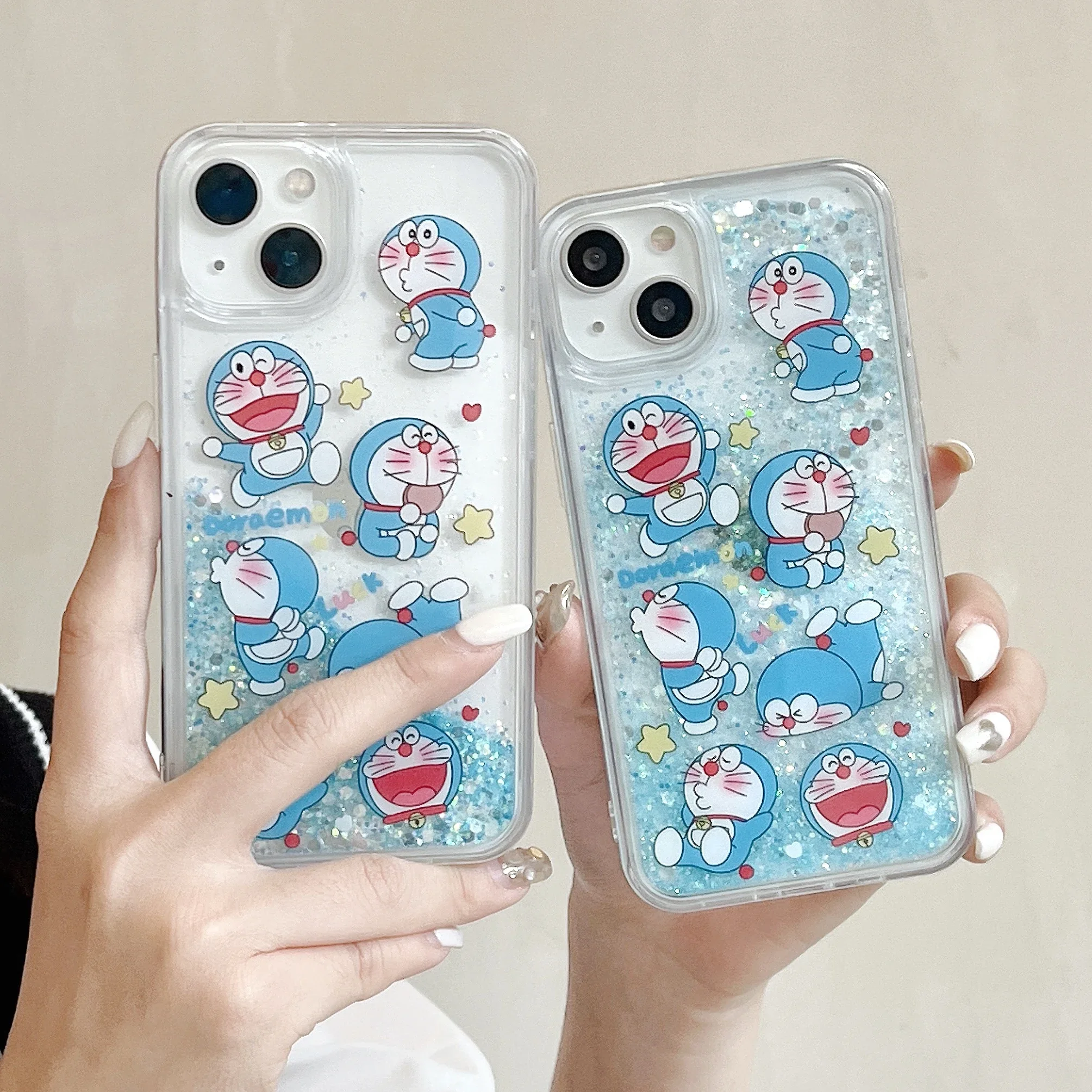 

Cartoon Doraemon Quicksand Phone Cases For iPhone 15 14 13 12 11 Pro Max Mini XR X XS MAX 8 7 Plus Shockproof Cover