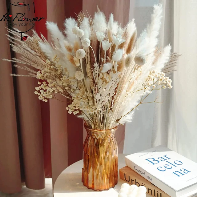 XITENG 100PCS Natural Dried Pampas Grass Bouquet 8 Various Dried Flowers  Boho Home Decor Bouquet Bunny Tails Dried Plants for Wedding Baby Shower