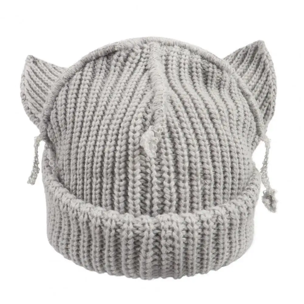 Elastic Winter Hat Demon Ear Winter Hat for Women Thick Knitted Beanie with Anti-slip Elastic Washable Weather Cap for Outdoor