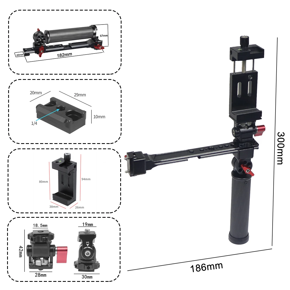 RS4 RS3 Mini RSC2 Gimbal Dual Carbon Handle Grip 180 Adjustable Clamp for Ronin