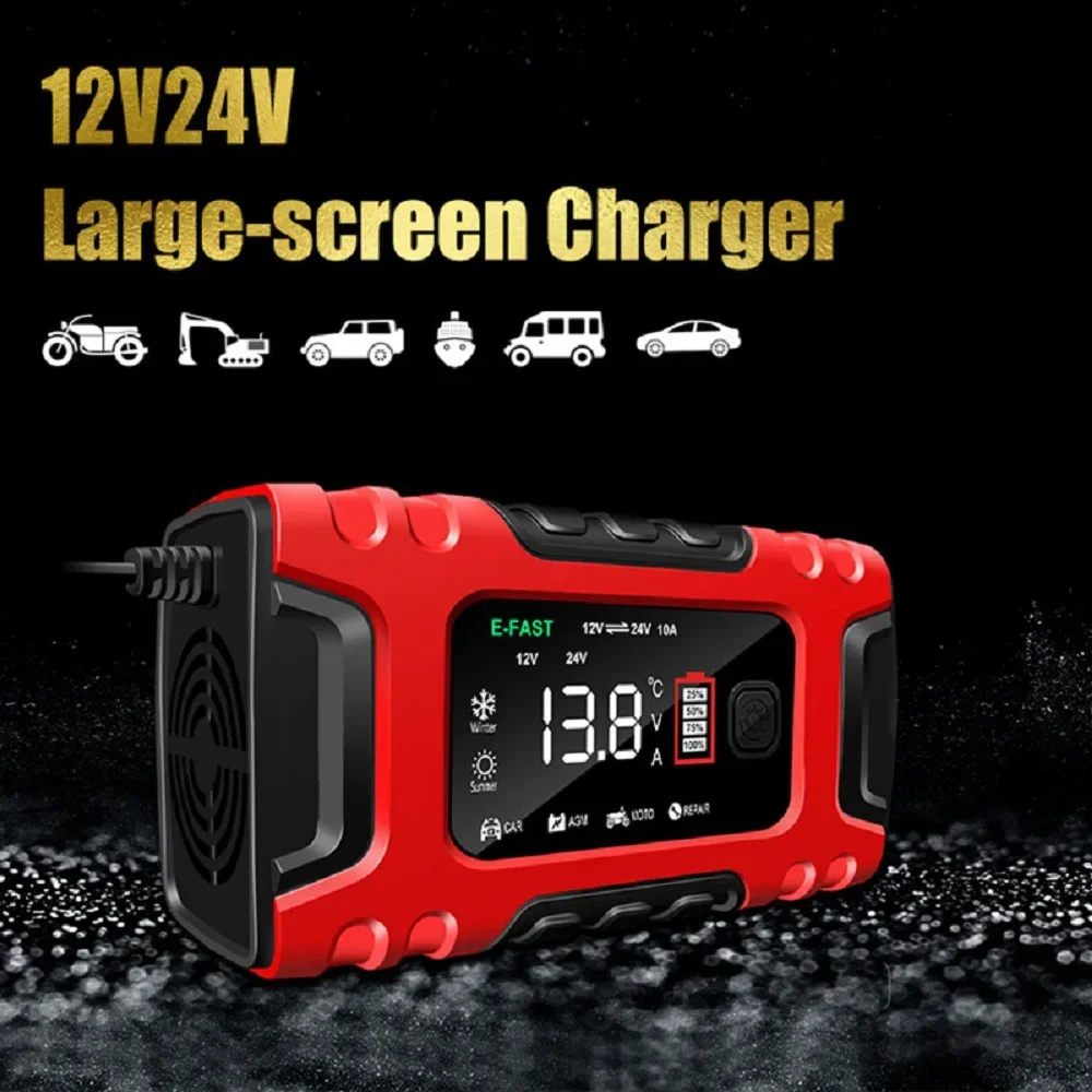 

12V-24V 7-stage Smart Car Battery-Charger Full Automatic 10A Digital Car Battery Charger Pulse Repair For AGM GEL WET Lead Acid