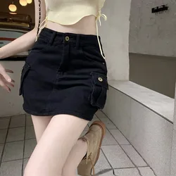 Summer Vintage Cargo Denim Skirts Women Harajuku High Waist Black Mini Skirt Woman Y2K with Pockets Button Jean Bag Hip Skirt
