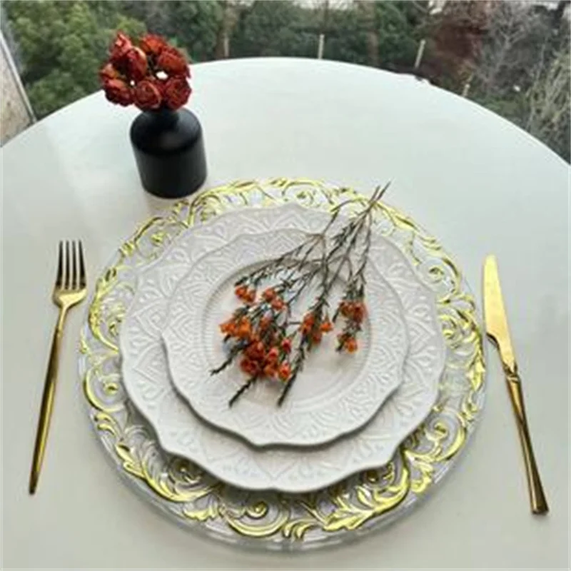 

100 Pcs Plastic Decorative Service Plate Gold Silver Dinner Serving Wedding Decor Table Place Settin 13Inches Charger Plate