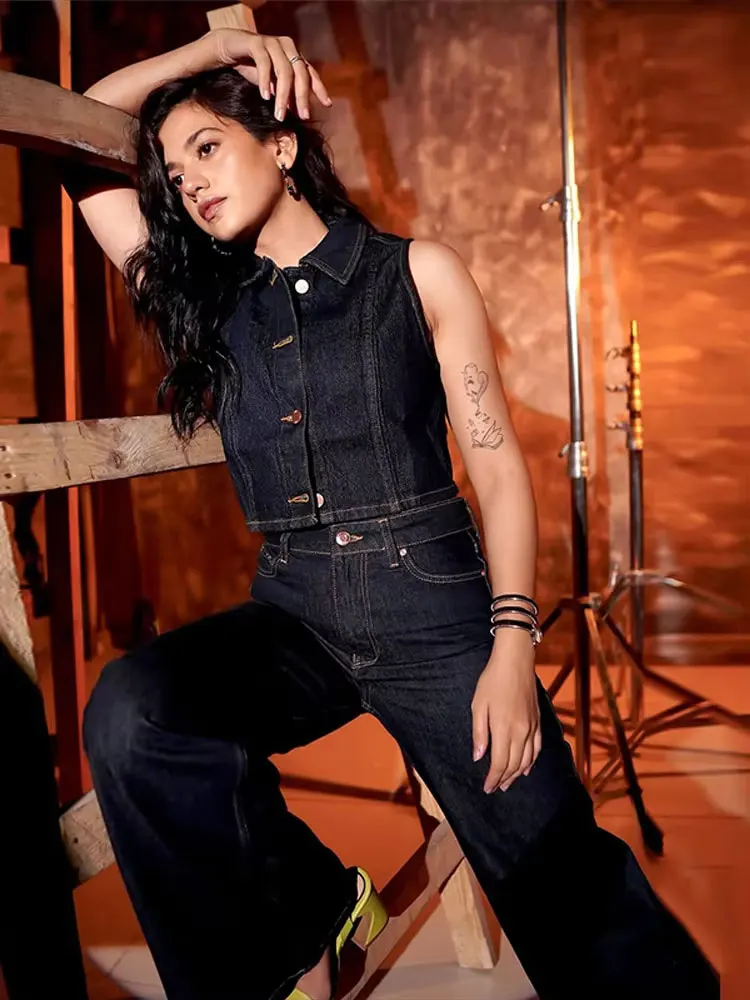 HH Women Denim Pants Sets Lapel Single Breasted Denim Vest Tops High Waist Wide Leg Trousers Fashion Y2K High Street Outfits