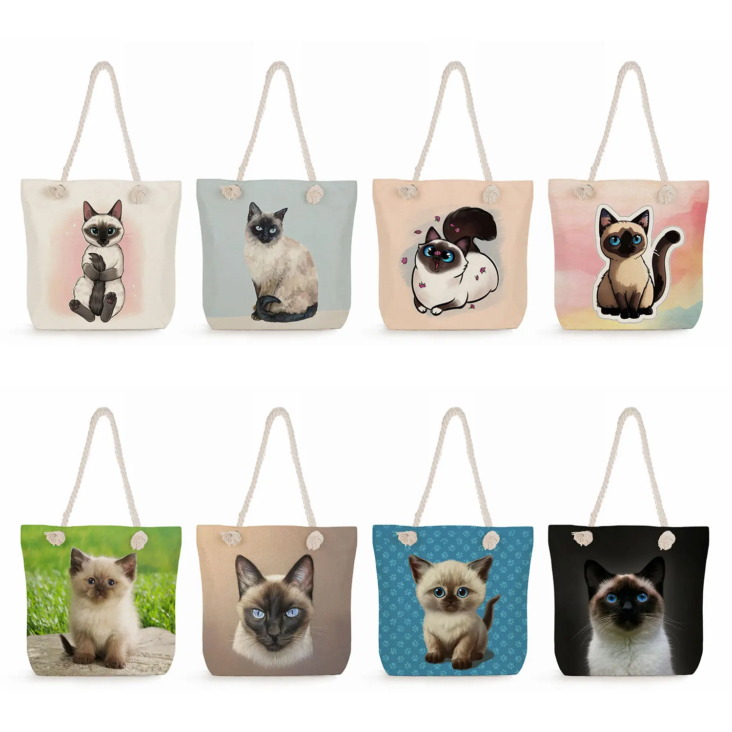 

Outdoor Shopping Bag Large capacity Beach Travel Cute Animal Siamese Cat Printed Women Shoulder Bag Eco Reusable Fashion Handbag