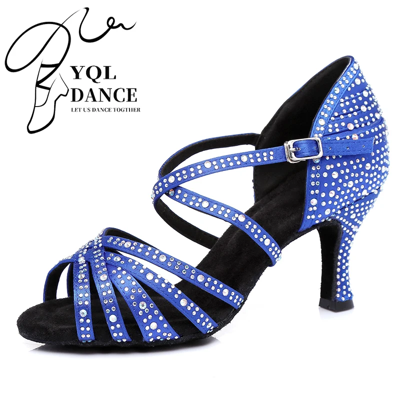 

Woman Rhinestone Latin Dance Shoes for Women Blue Bachata Salsa Dancing Shoesfor Party Girls Soft Botoom Pratice Latino Shoes