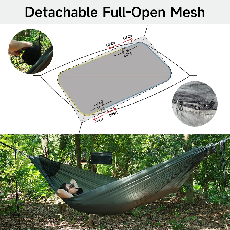 11ft Camping Hammock with Net and Ridge Rope Detachable Full-Open Mesh Lightweight Hammock for Outdoor Hiking Backpacking